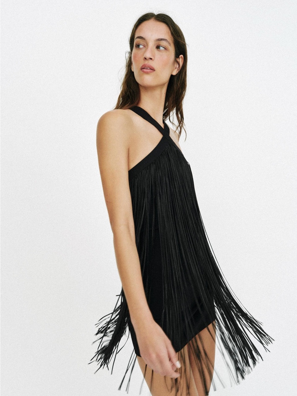 Zara Black Fringe Cross-Neck Mini Dress